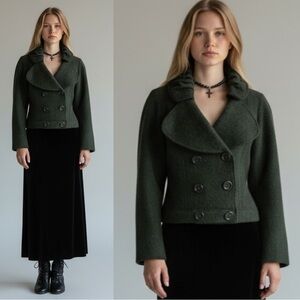 Marisol Boiled Wool Ruffle Collar Double Breasted Jacket Dark Army Green Large